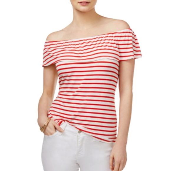 Maison Jules Red and White Striped Ruffle off shoulder top Size XS - Picture 1 of 11
